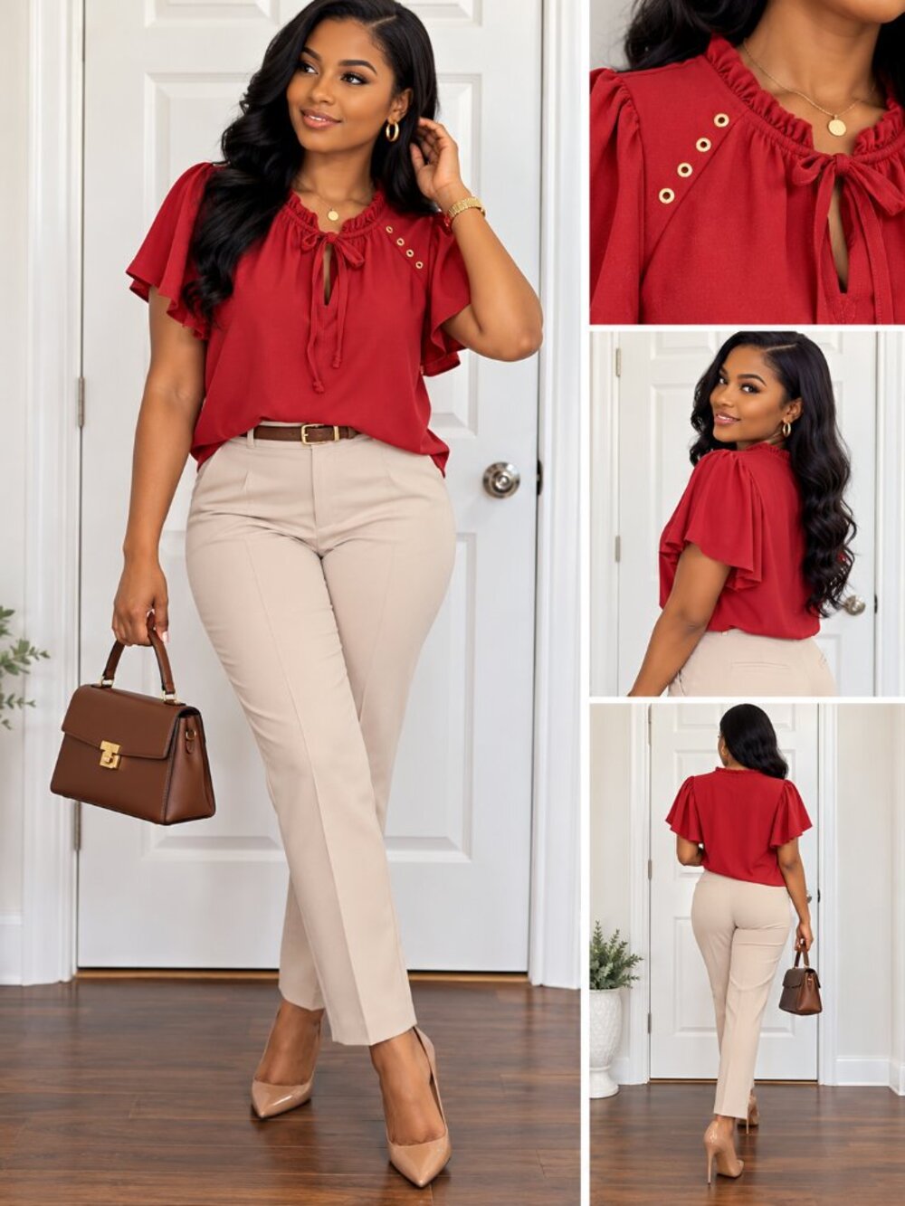 Sun-Dried Tomato Ruffle Tie Neck Blouse Gold Eyelet Short Sleeve Size L/G - Picture 2 of 11
